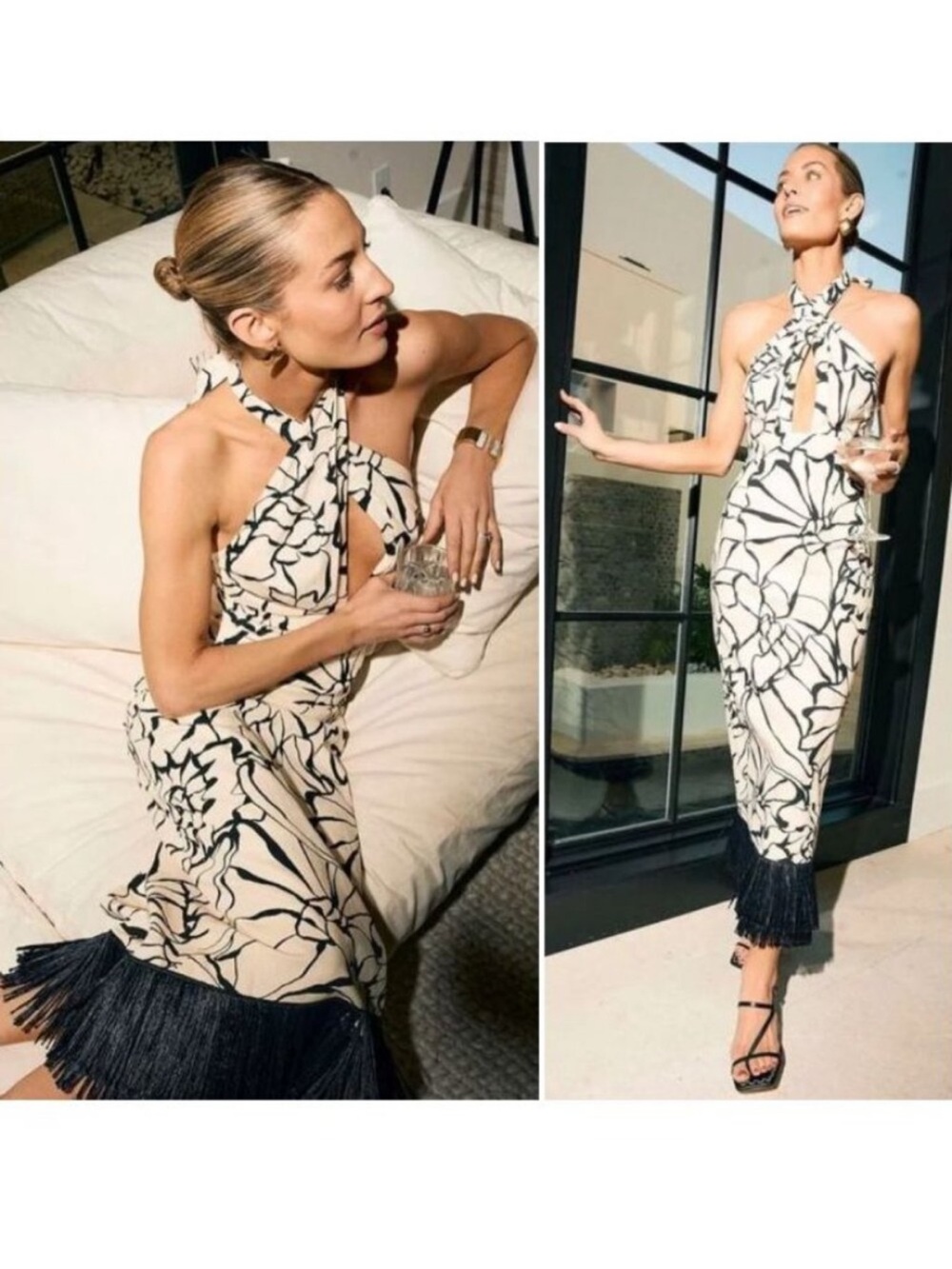 Antonio Melani Sommers Black & Cream Floral halter midi maxi dress size 6 linen